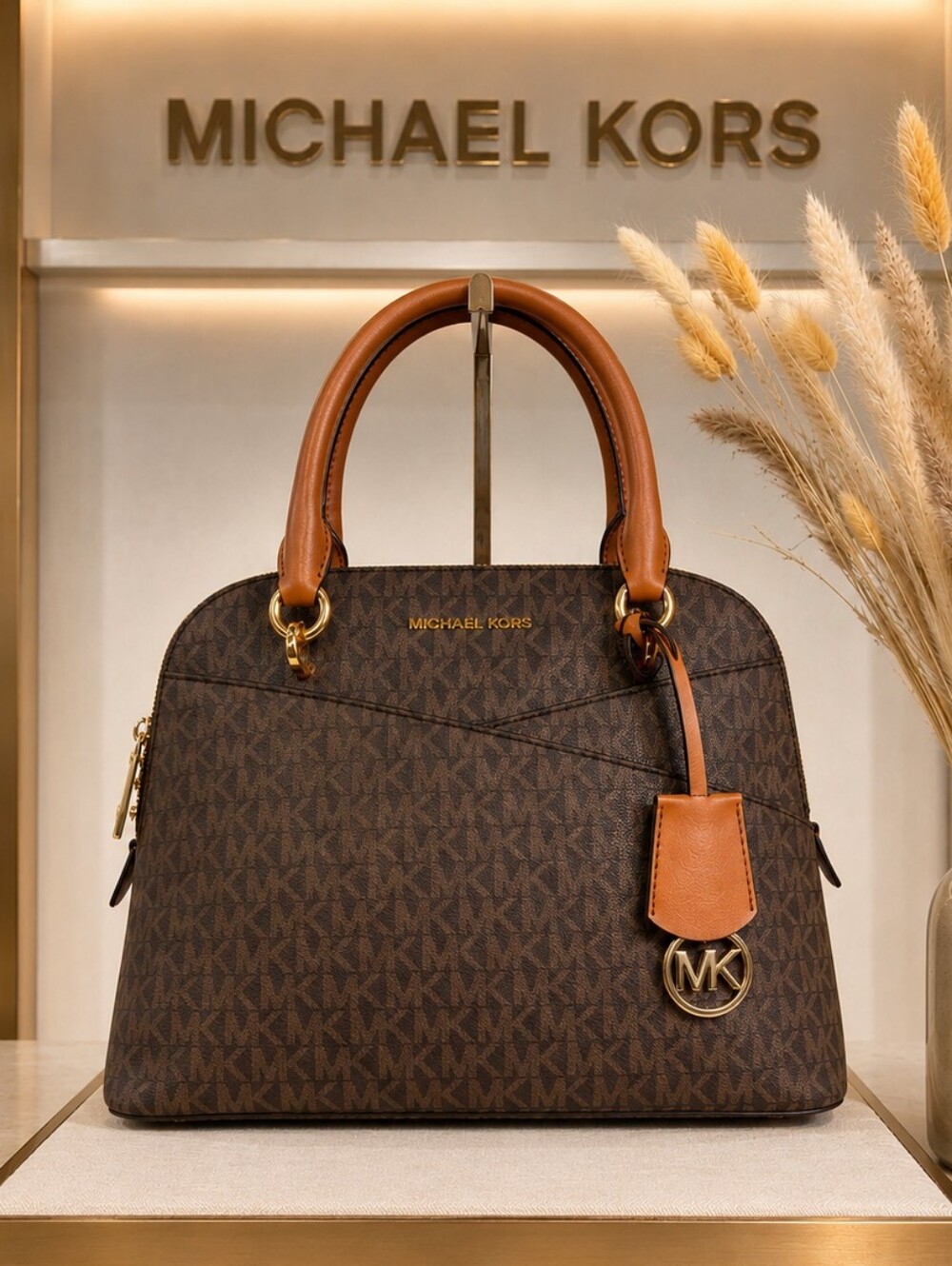 MICHAEL KORS BROWN‎ SIGNATURE BAG JET SET MEDIUM LOGO DOME SATCHEL CANVAS PURSE